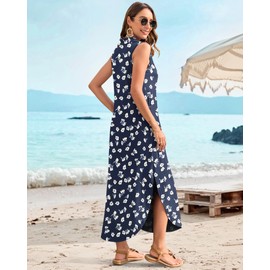MOLERANI Casual Sleeveless Dress for Women V Neck Summer Maxi Dress with Button Split Travel Vacation Dresses Button Loose Fit Boho Dresses 2025, Floral Navy, L