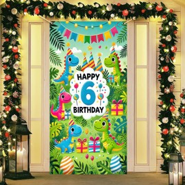 HOMETITUTE 6th Birthday Door Cover 71x35 Inch Dinosaur Theme Birthday Banner for Kids Party Decorations Jungle Backdrop Sign for Boys Girls Wall Porch Party Supplies