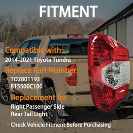 teilando Right Passenger Side Tail Lights Assembly For 2014-2021 Toyota Tundra SR SR5 Limited Base Pickup Truck Replacement Rear Brake Tail Lamp Red Lens w/Bulbs sockets TO2801193(RH)