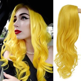Baruisi Long Curly Wavy Yellow Wigs for Women Side Part Natural Looking Cosplay Synthetic Fiber Wig Heat Resistant Replacement Wig