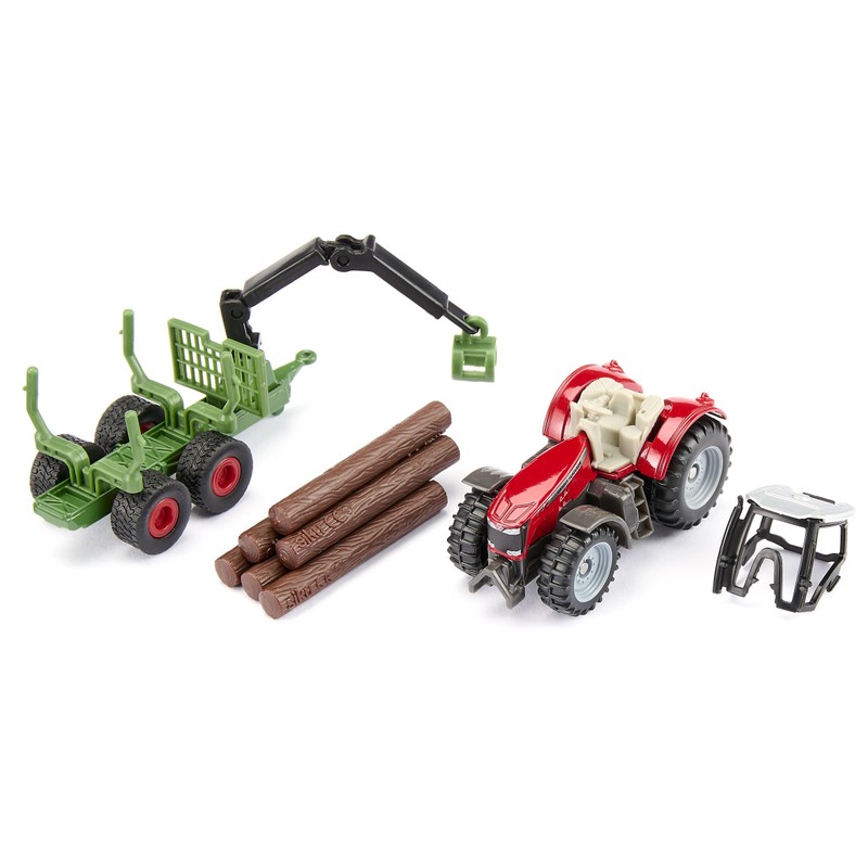 Siku 1134 Trattore Massey Ferguson con rimorchio forestale, gru di