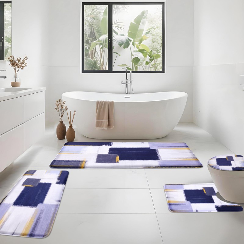 Blue Memory Foam Bathroom Rug Sets 5 Piece, Absorbent Non-Slip