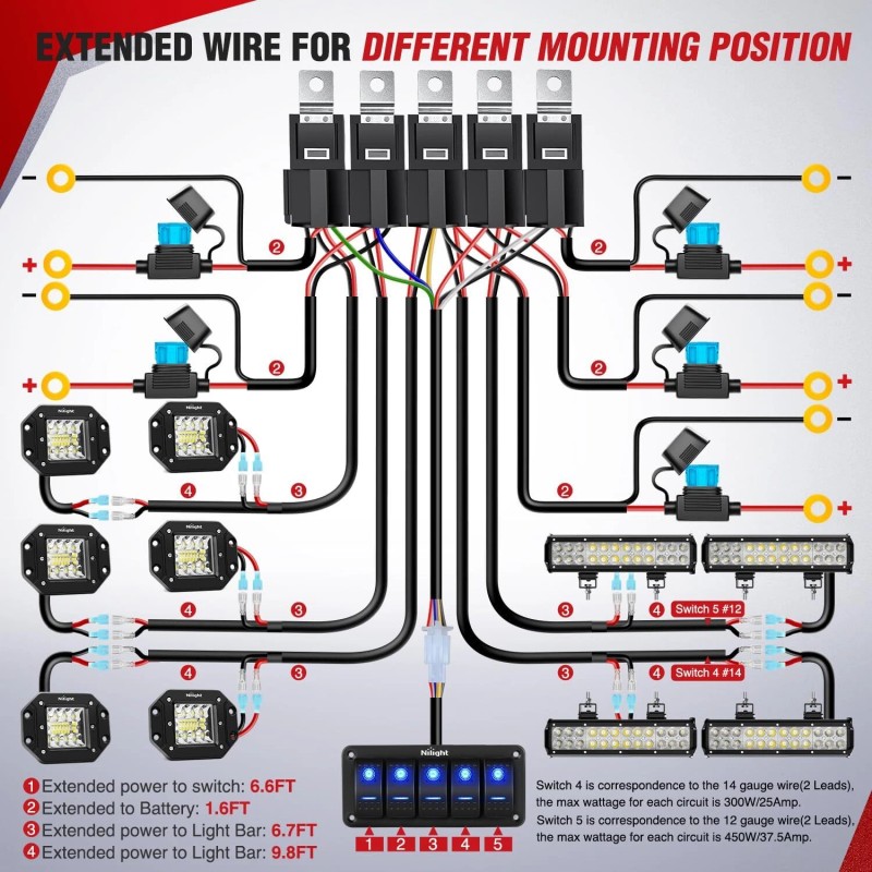 Nilight 16AWG 14AWG 12AWG LED Light Bar Wiring Harness 5Gang