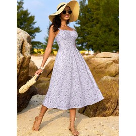 Sureple Bustier Spring Midi Dresses for Women 2025 Casual Sleeveless A Line Square Neck Spaghetti Strap Dress (SP566-Purple Floral 04-S)