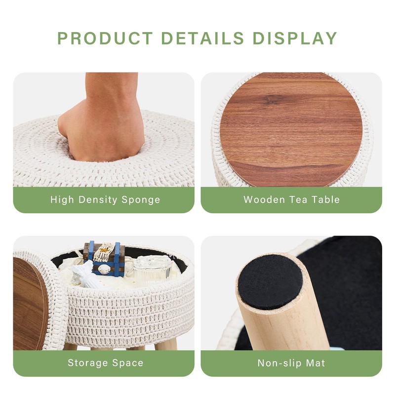 Wimarsbon Pouf Ottoman, 100% Cotton Knitted Boho Footstool, Round Footrest