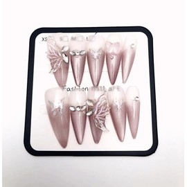WEN`S WEN Press On Nails Handmade Fall Press On nails with 3D Design Pink Butterfly Stick On Nails Size L