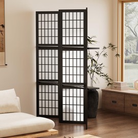 Room Divider with Shelves, 66.9-Inch Tall Japanese Shoji Style Wood Screen with Double Hinges for Home Office Bedroom Hotel Decoration (4 Panels, Black)