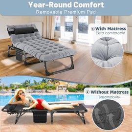 DoCred 5-Fold Camping cot for Adults, Adjustable Folding Bed Reclining Folding Lounge Chairs, 2-Sided Mattress with Pillow, Portable Intdoor Folding Sleeping Cots Bed