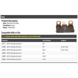 Marketplace Auto Parts Fuse - 100A / 40A - Compatible with 2008-2012 Honda Accord 2.4L 4-Cylinder