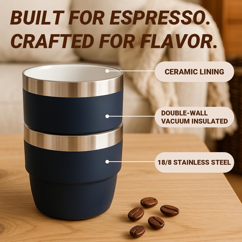 Cafezi 4 oz Espresso/Coffee Cup, Ceramic-Lined 18/8 Stainless Steel, Double-Wall