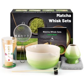 Matcha Set (7-Piece) Which Matcha Whisk, Matcha Cup, Matcha Bowl, Chasen, Matcha Sieve, Matcha Spoon, Ideal Starter Matcha Kit for Easy Matcha Making (White Green)