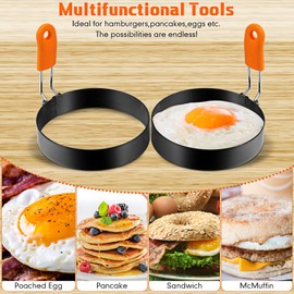 Patelai 6 Pcs Professional Egg Ring Pancake Ring Set Stainless Steel Fried Egg Molds Griddle Pancake Shapers with Orange Silicone Handle for Breakfast Omelette Sandwich(4 Inch)