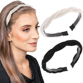 Teaaha 2 PCS Knotted Headbands for Women Girls, Non Slip Braided Knitted Hairhoops Boho Hairband Fashion Wide Hairbands Solid Colors Chiffon Fabric Hair Accessories(Black, White)