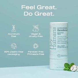 HEY HUMANS Desodorante Vegano de Coco y Menta, Sin Aluminio Con Ingredientes Naturales, Aceite de Coco y Manteca de Karité | Protección Contra El Olor Todo El Día para Mujeres y Hombres | Envase Amiga