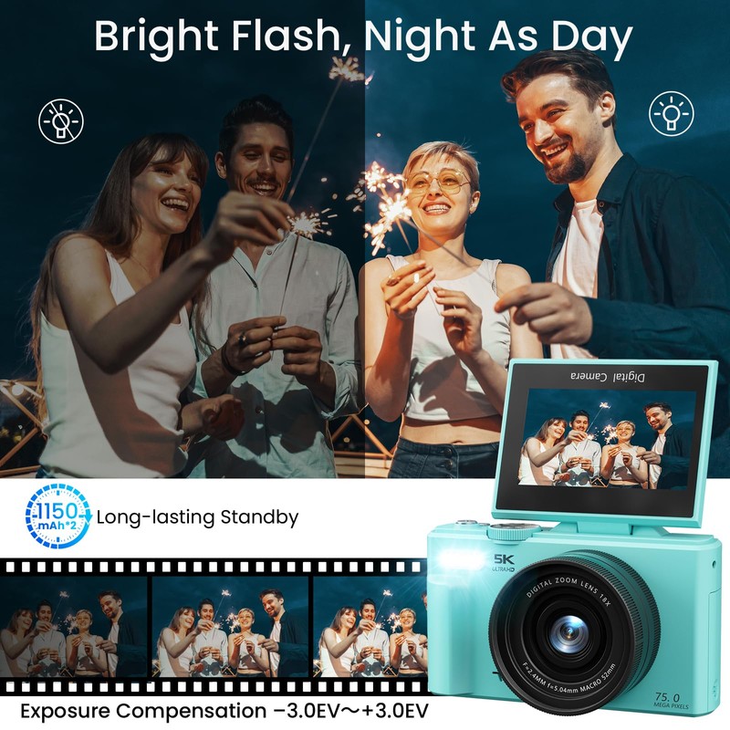 SOPPY 5K Digital Camera with WiFi Transfer, 75MP Vlogging, 18X