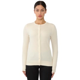 JENNIE LIU Women's 100% Cashmere Button Front Long Sleeve Crewneck Cardigan Sweater Cream
