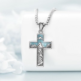 URONE Mountain Cross Necklace 925 Sterling Silver Mountain Range Cross Pendant Necklace Climbing Mountain Presents for Men Women