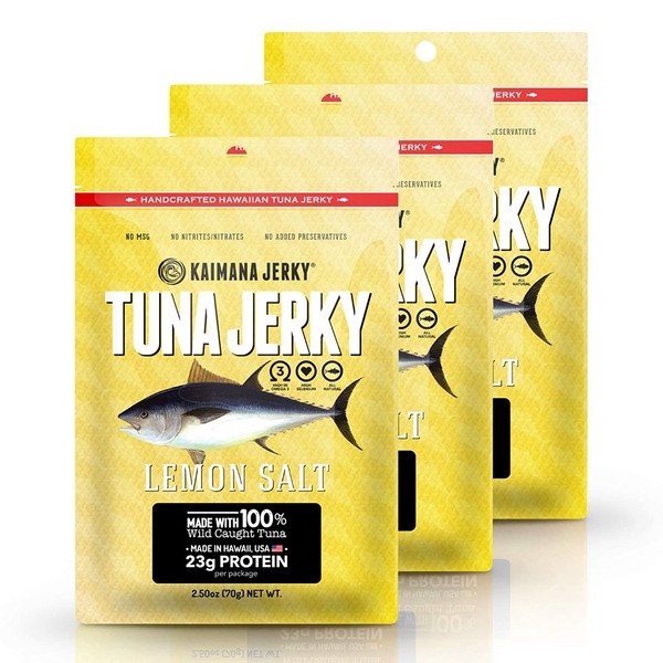 Kaimana Wild-Caught Ahi Tuna Jerky - Lemon Salt | Rich in Omega-3s & High in Protein | All-Natural & Organic Fish Jerky (3 pack, 2 oz)