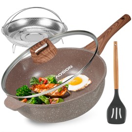 AOSION 11 Inch Nonstick Ceramic Deep Frying Pan Skille with Lid,5QT Sauté Pan for Cooking with Steam Rack,Healthy Large Skillet,Stay Cool Handle, Induction Compatible, PFOA & PFAS Free. (BROWN)