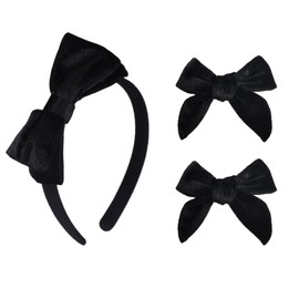 Black Velvet Bow Headband & 2 Pcs 4 Inch Hair Bows Set, School Hair Accessories for Little Toddler Girls (Velvet)
