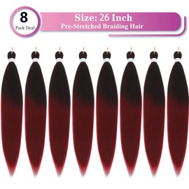 Ombre Burgundy Red Braiding Hair Pre Stretched 26 Inches EZ Braiding Hair Yaki Texture 8 Packs/Lot Braid Hot Water Setting Professional Synthetic Braiding Hair Extensions (8pcs,26",#1B/900)