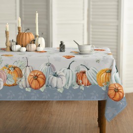 Horaldaily Fall Tablecloth 140x200 Centimetre Rectangular, Thanksgiving Autumn Harvest Orange Watercolor Pumpkins Blue Table Cover for Party Picnic Dinner Decor