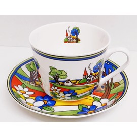 Village Art Deco Cup & Saucer Fine Bone China Jumbo Breakfast 15fl oz 425 ml Exclusive Countryside Scene Hand Decorated in UK