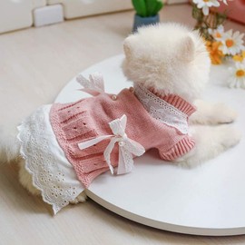 Pet Sweater Dress Small Dog Dress with Bow Female Warm Dog Princess Lace Dress Clothes Dachshund Chihuahua Corgi Cat Dress for Christmas Birthday Thanksgiving Day Valentines Day (Pink, X-Large)