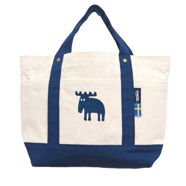 Giselle Moz Mini Tote Bag, Women's, Canvas Bag, Small, Lunch Bag, Bottle Holder, Sub-Bag, Pocket, Scandinavian, Simple, Commuting to Work or School, Natural × Blue