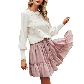 Miessial Women's Fall Crew Neck Pullover Sweater Cute Long Puff Sleeve Chunky Knit Sweater Pompom Jumper Top White 8