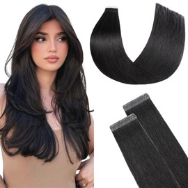 FUOTONBUTY Tape Extensions Real Hair Double Stitched, Natural Black Tape-In Extensions, Real Hair, 20 Pieces, 40 g, Invisible Tape Extensions, Tape-On Extensions, Real Hair, 30 cm