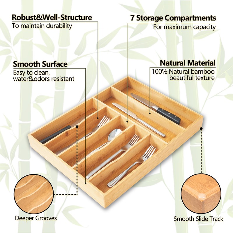 Silverware Organizer, 12.5 Inch Utensil Organizer Kitchen Drawer Organizer Bamboo