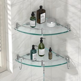 YorkHoMo Glass Shower Shelves, Glass Bathroom Corner Shelf Wall Mounted Glass Shelf Shampoo Holder Organizer Extra 8MM Thick Glass Corner Shelves for Inside Shower with 3 Hooks