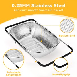 ZDRongZhen Kitchen Accessories Over the Sink Colander Strainer Basket，Stainless Steel Colander with Expandable Rubber Grip Sink Drainer-Rinse Vegetables Fruits &Strain&Drain (Medium-Dense round hole)