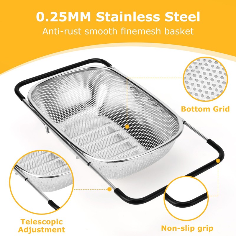 ZDRongZhen Kitchen Accessories Over the Sink Colander Strainer Basket，Stainless Steel