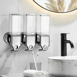 No-Drill 3 Pack 500ml Wall Mounted soap Dispenser for Bathroom and Kitchen, Shampoo and Conditioner Dispenser Drill Free with Adhesive (Clear-3)