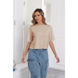 PRIMODA Women's Loose Fit Cropped T Shirts Crew Neck Half Sleeve Crop Tops Tee Shirts (Beige S)