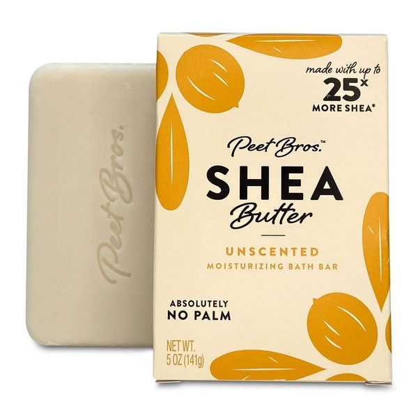 Peet Bros. Palm Oil-Free Shea Butter Bar Soap, 5oz - Unscented/Ultra Moisturizing Natural Soap with 25x's More Shea Butter/Absolutely No Palm Oil, Sulfate-free, Paraben-free