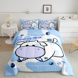 Feelyou Milk Cow Pattern Bedding Set 3D Animals Theme Comforter Set for Kids Boys Girls Teens Blueberry Fruit Blue Comforter Breathable Cow Pattern Duvet Set Room Decor Quilt Set Twin Size