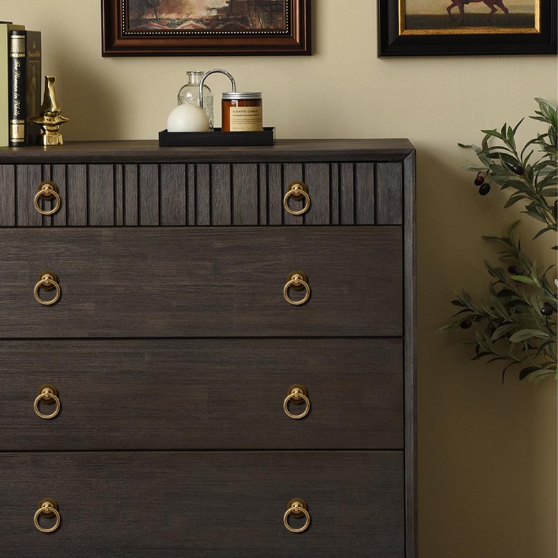 RZDEAL 8 Pack Solid Antique Brass Cabinet Pulls Ring Drawer