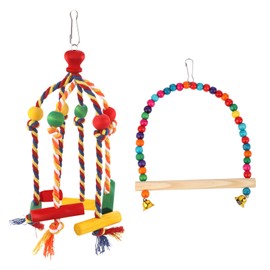 Gosknor Bird Rope Toys, Hanging Bird Toy Swing Multicolored Natural Wooden Parrots Chewing Cage Accessories for Small and Medium Birds Conure Parrots Lovebird Cockatiels Budgies