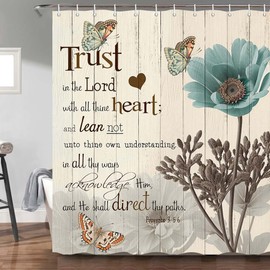 Rustic Elegant Teal Tulip Shower Curtain, Bible Verse Inspirational Motivational Quote Fabric Shower Curtain Set, Polyester Vintage Farmhouse Floral Bathroom Accessory with Hook 69x78Inch, Beige