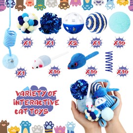 Gemscream 46 Pcs Cat Toys Set Interactive Cat Toys Include Fur Mice Rattle Cat Springs Crinkle Balls Pompom Bell Sisal Ball Puzzle Chase Toys Assorted for Gift Indoor Kitten(Blue)