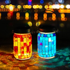 VOREEN 2 Pack Mosaic Solar Lanterns, Outdoor Glass Hanging Lights, Solar Table Lamps, Waterproof Night Lights, Color Jar Lights Easter Gifts, Decor for Garden, Patio, Yard, Balcony, Blue&Orange