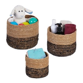 Relaxdays Storage Basket, Set of 3, Seagrass, 3 Sizes, Bathroom, Living Room, Decoration, Round Utensil Baskets, Natural/Black