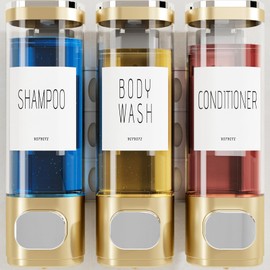 VITVITI Shampoo and Conditioner Dispenser for Shower Wall, Shower Soap Dispenser 3 Chamber No Drill Wall Mounted, 10.2 OZ Plastic Refillable Shower/Body Wash Bottles for Bathroom (Glod)