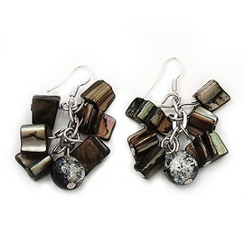Black/Grey Shell Composite Cluster Drop Earrings/Silver Tone Metal Hooks/ 4cm L