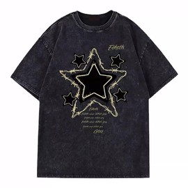 PEAINJ Graphic Tees Y2k for Women Baggy Star Shirt Grunge Cute Summer Tops Casual Aesthetic Emo Clothes Black-S
