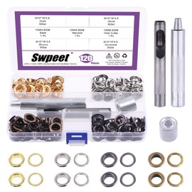 Swpeet 243Pcs - 120Sets 2/5" (10mm) Hole Thicken Grommets 4 Colors Metal Grommets Eyelets Grommets with Washers and 3Pcs Setting Instal Tool Metal Eyelets Kit for Repairing Canvas, Leather