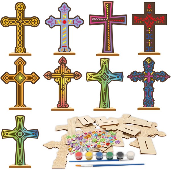 TGFIX 9 Pieces Crosses Craft Set for Painting Children Easter Wooden Cross Ornament Crafts Wooden Cross Craft Easter Decoration Easter Crafts for Girls Boys Easter Spring